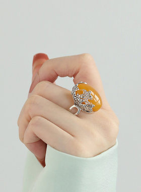 复古925银蜜蜡树叶开口小众戒指