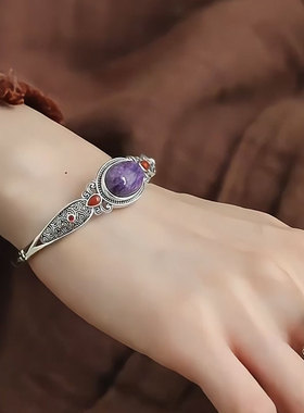 复古925银椭圆紫龙晶祥云纹手镯