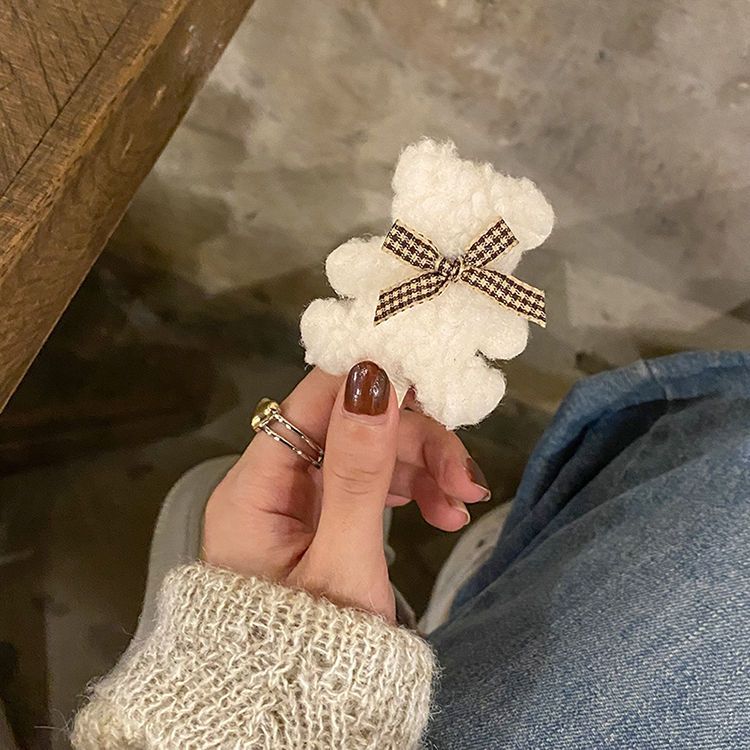 蝴蝶结甜美毛绒小熊发夹侧边秋冬可爱毛毛夹刘海夹鸭嘴发卡头饰女 - 图3