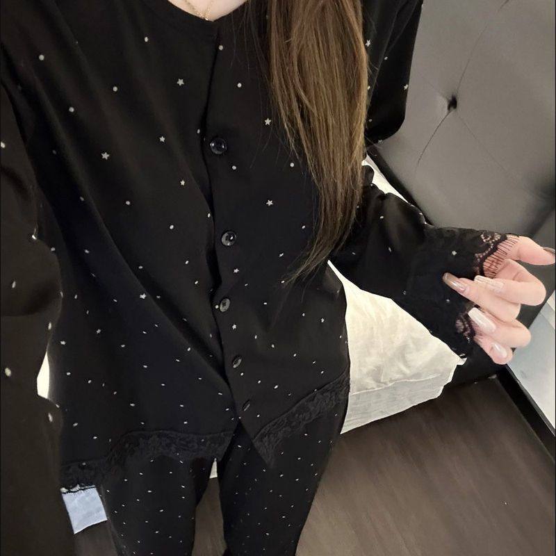 法式高级感星星印花带胸垫睡衣女春秋款蕾丝边长袖长裤家居服套装,淘宝优惠券,粉丝福利购,淘宝优惠卷