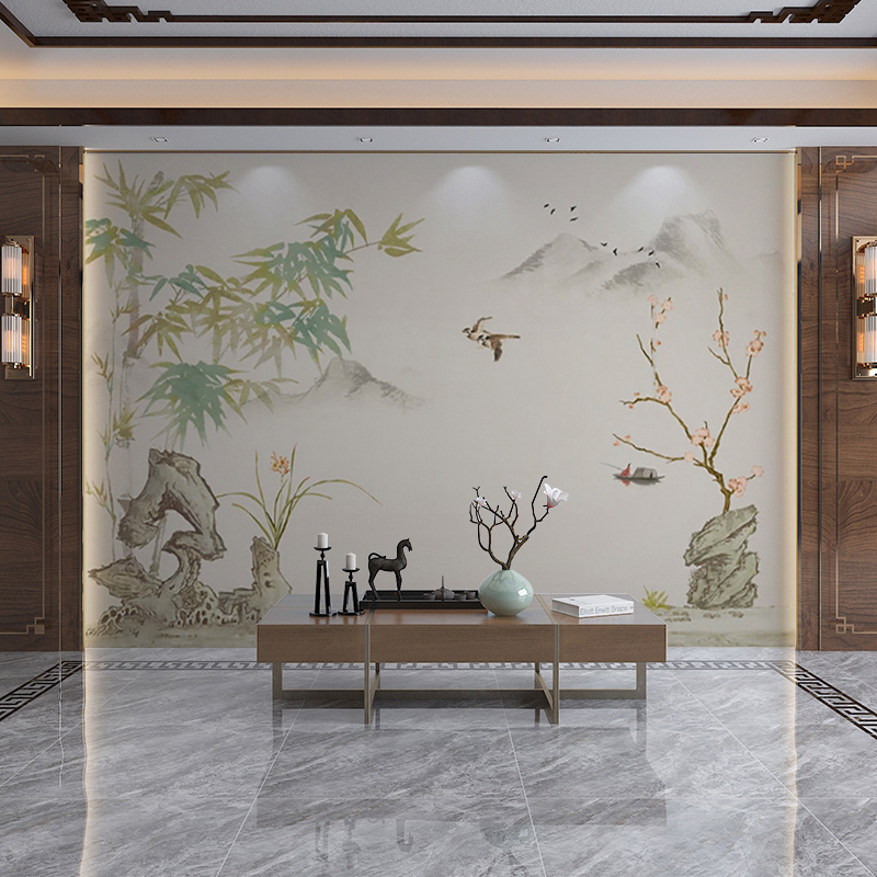 现代新中式客厅沙发电视背景墙轻奢简约壁纸水墨山水花鸟墙布壁画 - 图1