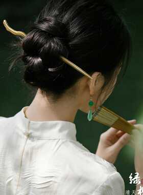 天然绿檀木发簪日常通勤新中式簪子加长21㎝长发盘头发小众高级感