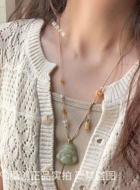 原创手工编织女新中式项链绳锁骨链百搭和田玉佛公翡翠平安扣等
