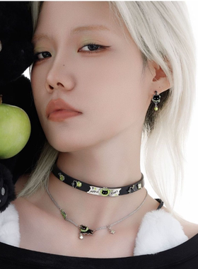 原创黑猫青苹果叠戴项链项圈小众chocker辣妹y2k锁骨链小众设计