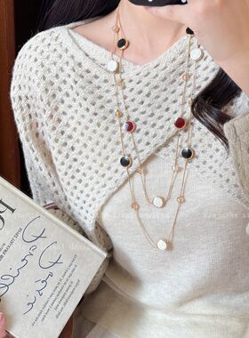 老钱风~中古双层叠戴金属项链女时尚复古日常百搭挂脖毛衣链配饰