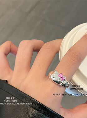 ins甜美可爱kt猫咪开口戒指女小众设计感辣美时尚百搭指环戒子