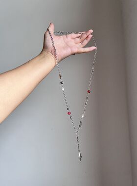 韩系银色勺子花朵浮雕串珠项链甜酷少女感长款毛衣链高级百搭颈链