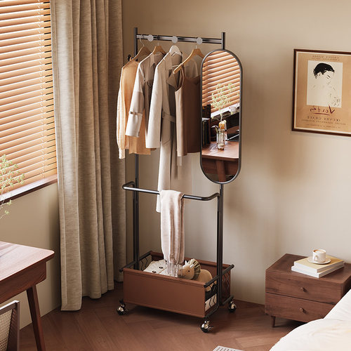 中古风卧室落地衣帽架穿衣镜一体衣服收纳架子高级感可移动挂衣架 - 图2