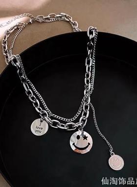 儿童潮酷双层叠戴笑脸项链男童