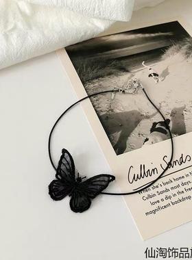 不含金属choker锁骨链项圈黑色黑色项链颈带女日韩精致蕾丝蝴蝶结