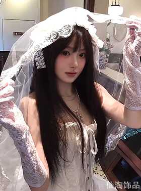 复古哥特包头蕾丝头纱网纱镂空绣花长款手套cosplay婚纱拍摄配饰