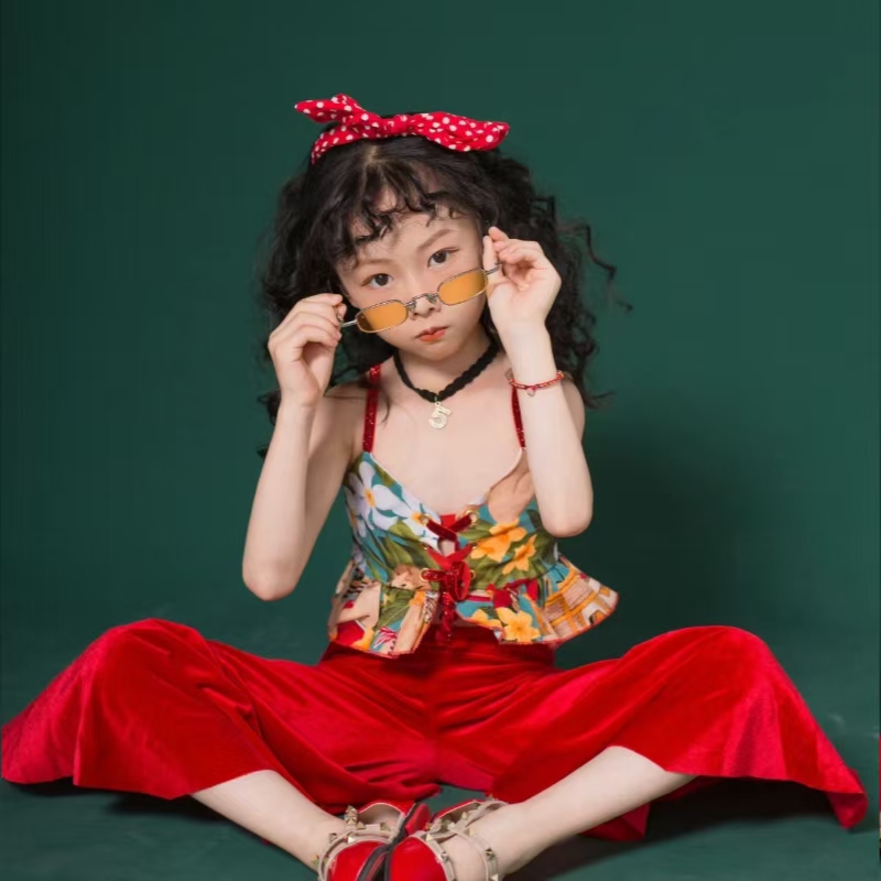 六一复古港风儿童演出服女童喇叭裤舞台走秀幼儿80年代舞蹈表演服 - 图0