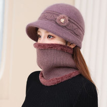 Rabbit Fur Knit Warm Hat Lady Pearls Flowers Autumn Winter Plus Suede Collar ELDERLY MOTHER HAT IN THE MIDDLE OF THE NECK