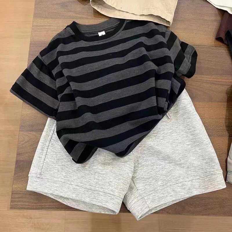 儿童纯棉套装2025夏季新款男童中小童洋气条纹休闲上衣短裤两件套,淘宝优惠券,粉丝福利购,淘宝优惠卷