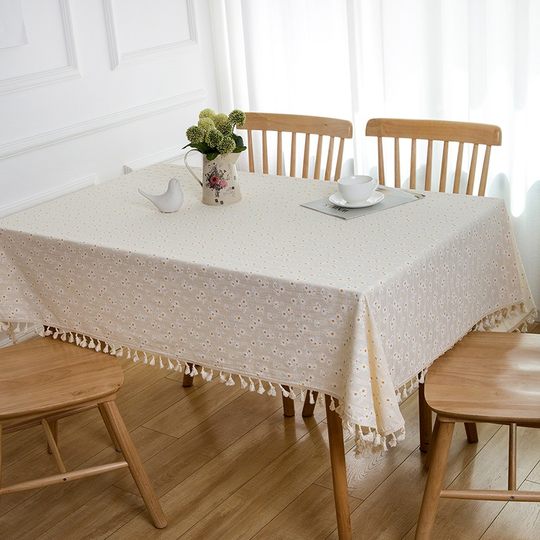 田园小碎花棉麻布艺桌布ins长方形流苏家用防尘茶几小雏菊台布
