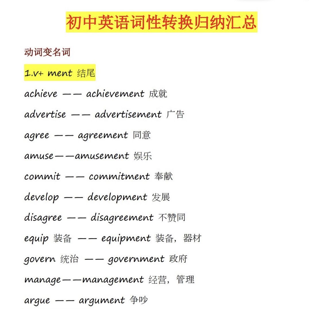 初中英语词性转换归纳汇总完型填空高频单词组汇总练习知识点复习