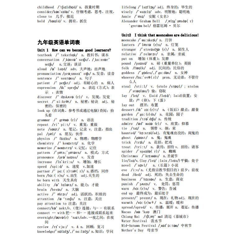 人教版初中英语七八九789年级上下册单词背诵表含音标默写练习本