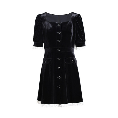 黑标系列 欧时力 丝绒短袖连衣裙秋装法式宫廷风小黑裙 - 图3