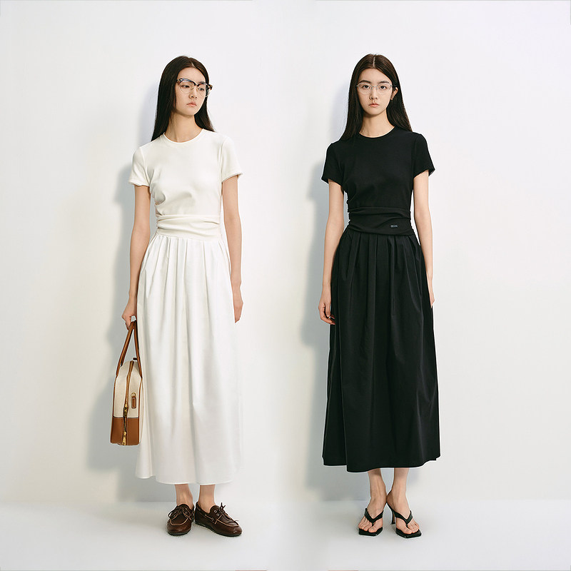 OCHIRLY欧时力 褶饰A字连衣裙长裙法式复古气质显瘦2025夏季新品