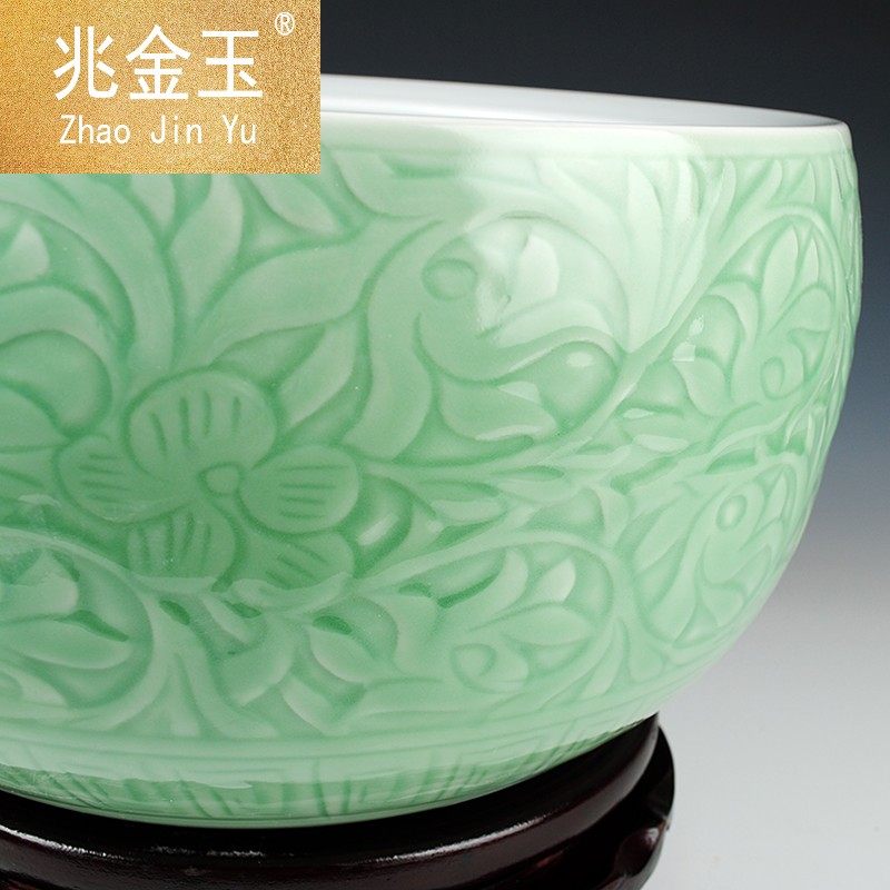 景德镇纯手工雕刻青釉大金陶瓷器 兆金玉摆件