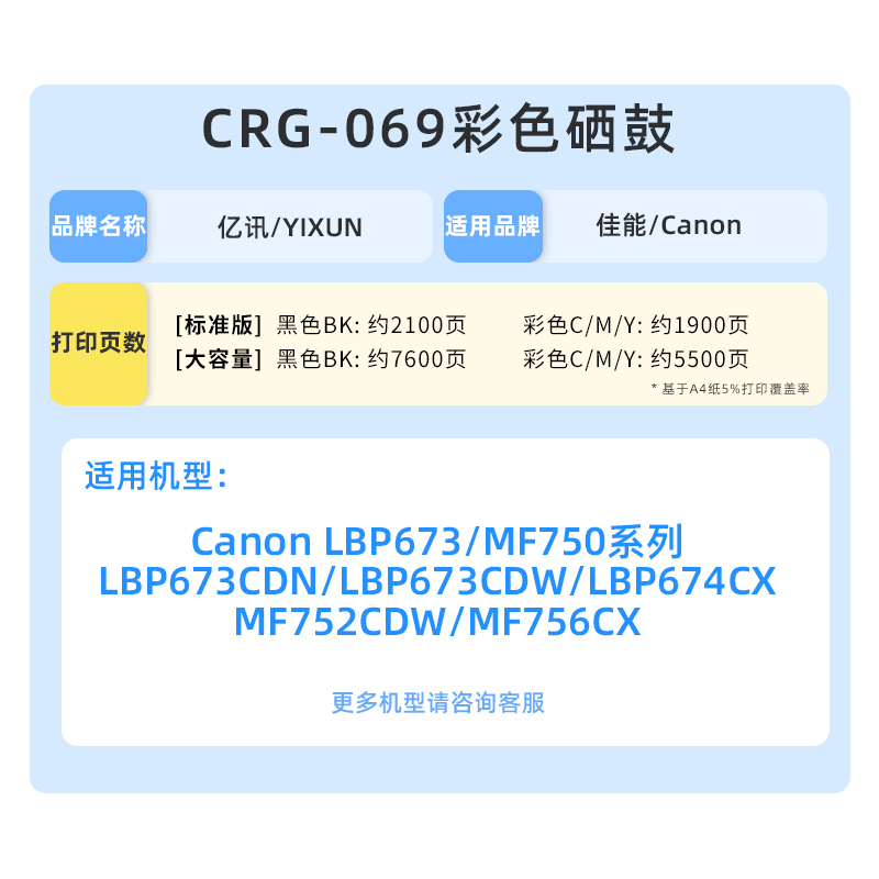 适用佳能LBP673CDN CRG069硒鼓MF752CDW LBP673CDW LBP674CX彩色激光打印机墨盒MF756CX MF750 LBP673碳粉盒 - 图3