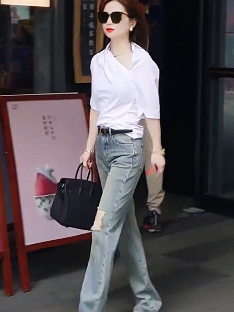 高级感夏季新款显瘦独特设计款白色衬衫时髦破洞牛仔裤两件套女,淘宝优惠券,粉丝福利购,淘宝优惠卷