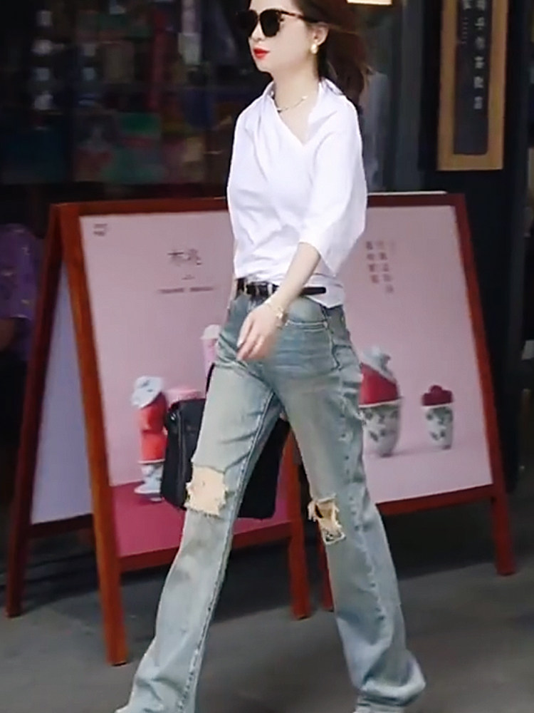 高级感夏季新款显瘦独特设计款白色衬衫时髦破洞牛仔裤两件套女,淘宝优惠券,粉丝福利购,淘宝优惠卷