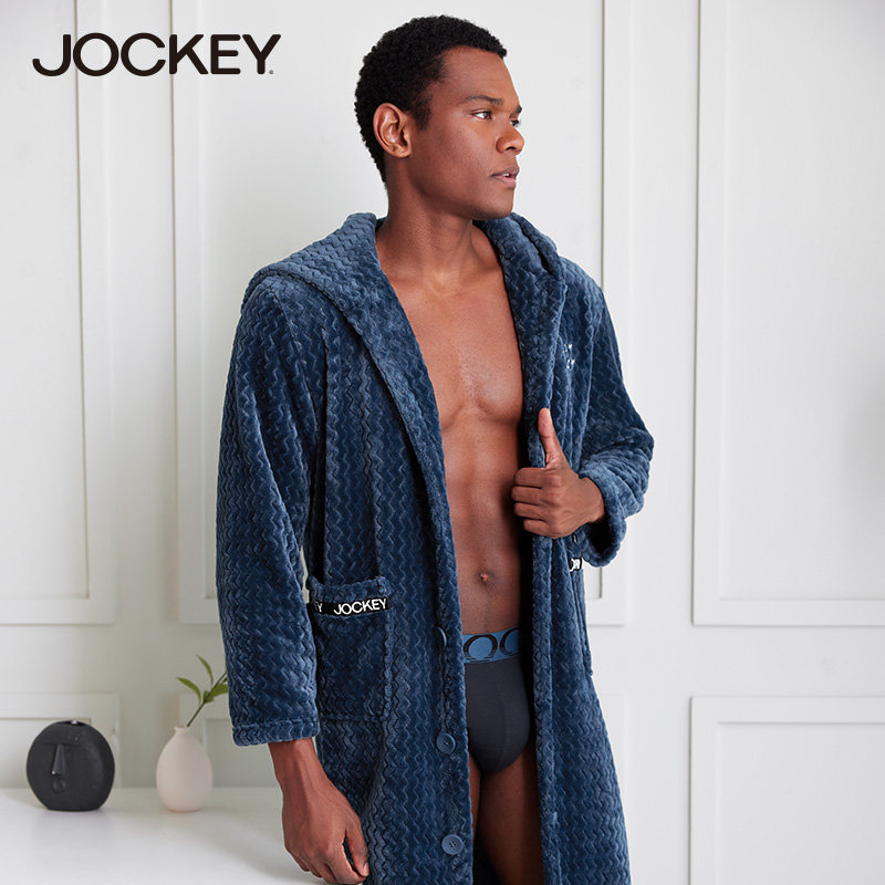 Jockey双面加绒法兰绒长袖睡袍男士宽松保暖居家长款浴袍男秋冬款,淘宝优惠券,粉丝福利购,淘宝优惠卷