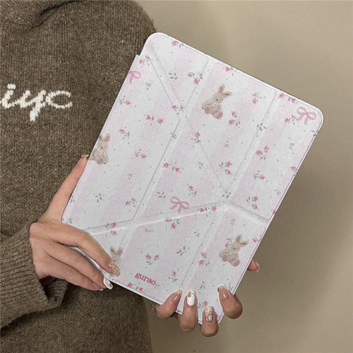 粉色碎花卡通兔子Y+三折适用ipad11保护套air7/6新款ipad10带笔槽11寸防摔10.2/10.9苹果平板保护套mini7女款 - 图0