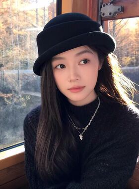 黑色复古赫本风显脸小渔夫帽