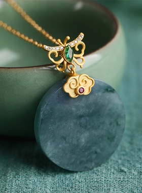 S925纯银镀18K金镶嵌A货蓝水翡翠大圆牌复古蝴蝶精致典雅时尚个性