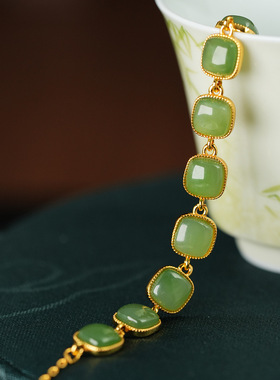 S925银镀18K金镶天然碧玉和田玉手链精致经典简约人气款宫廷风