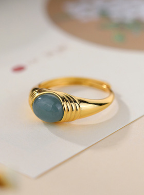 S925纯银镀18K金镶蓝水翡翠南红戒指精致雅致古风新中式复古个性