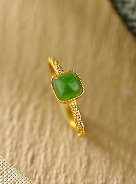 S925纯银镀18K金镶和田碧玉戒指方糖简约时尚现代古风典雅精致