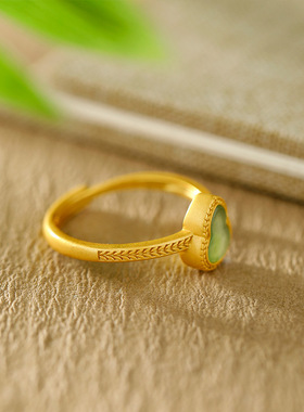 S925纯银镀18K金镶和田碧玉戒指葫芦设计精致雅致福禄古法金工艺