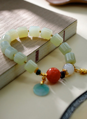 S925纯银镶和田玉手串精致DIY礼物送人典雅时尚复古桶珠新款新品