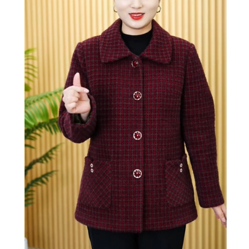 中老年秋冬妈妈装奶奶装金雕绒加厚格子外套加绒保暖方领宽松上衣