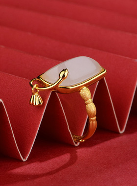 卡芭司新国风S925银镶天然和田玉拉丝开口戒指女温润手饰批发