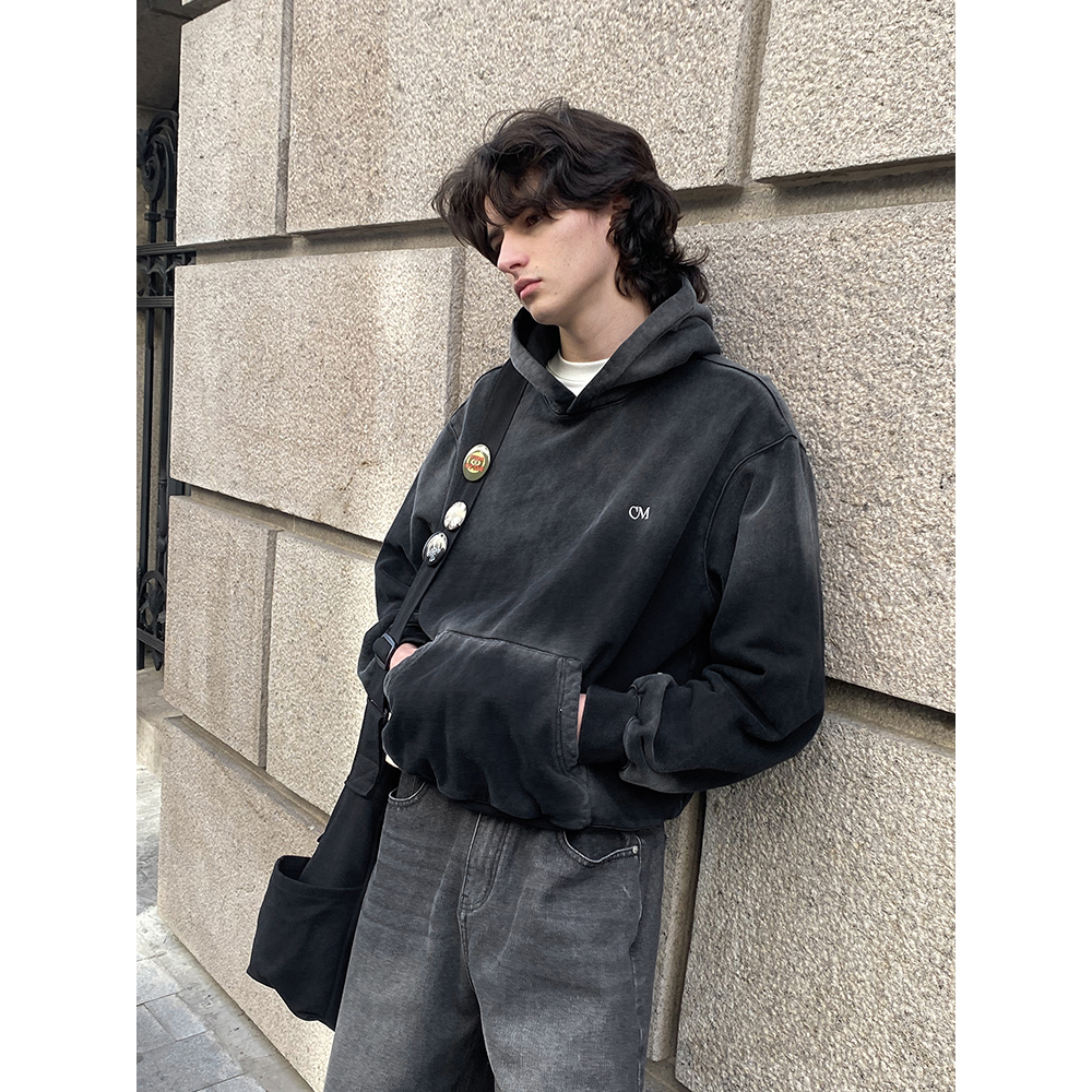 CountryMoment 400G重磅手工做旧美式复古Cleanfit连帽短卫衣男女 - 图0