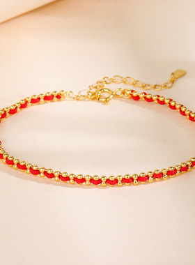 s925纯银双排圆珠红色手链女本命年小众设计感高级手工编织红手