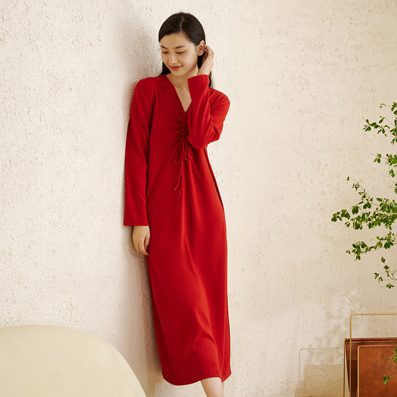 宽画红色连体2021年新款冬季感睡袍 宽画睡衣/家居服套装