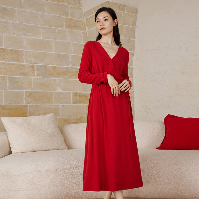 宽画红色连体2021年新款冬季感睡袍 宽画睡衣/家居服套装