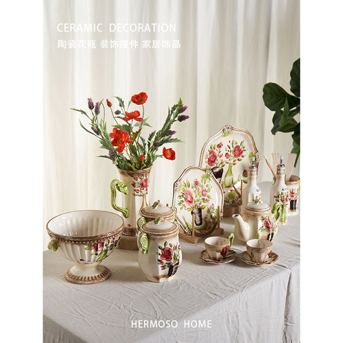 HERMOSO 复古美式花瓶摆件陶瓷客厅插花家居饰品陶罐餐桌装饰品旧 - 图1