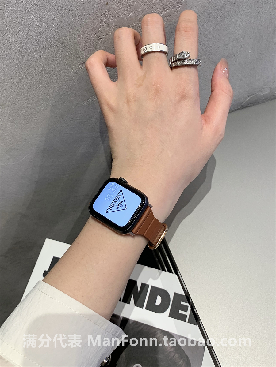 适用applewatch9苹果8代7654SE真皮质磁吸反扣iwatch回环细款表带-图2