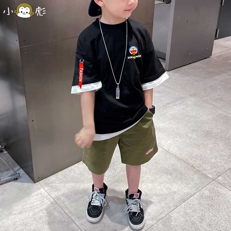 哆啦a梦联名机器猫叮当猫假两件短袖t恤衫男女儿童装学生五分中袖