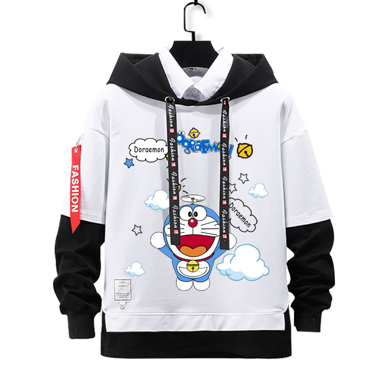 哆啦A梦蓝胖子机器猫叮当猫假两件连帽卫衣男女儿童装学生款外套