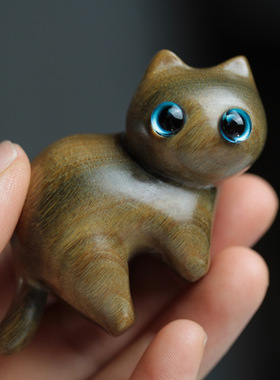 绿檀木雕猫可爱小猫木质猫咪摆件家居雕刻动物手把件创意