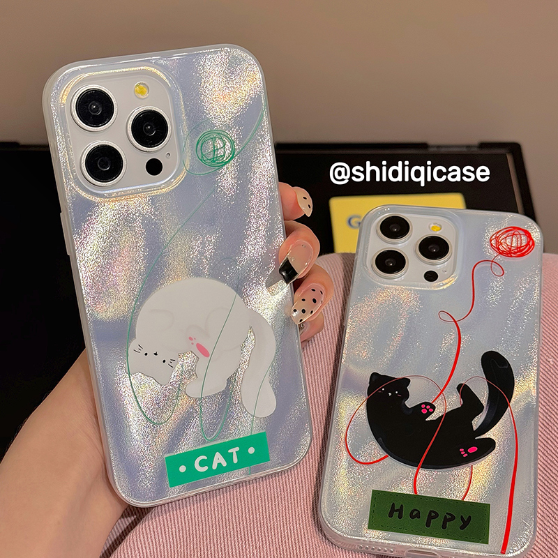 小众搞怪卡通毛球猫咪适用苹果15promax手机壳iPhone14pro新款13pro创意11女12细闪褶皱14高级15全包防摔硬套