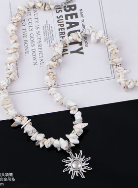 中式复古太阳花石头项链男女高级