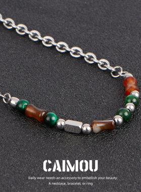 CAIMOU中国风墨绿天然拼接项链男锁骨链嘻哈潮设计感高级链钛钢女